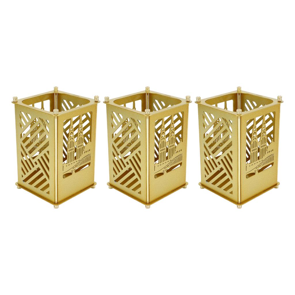 Metal Assembled Pen Holder Gold Architectural Pattern Quadrate Surfaces Plating DIY Pen Holder for