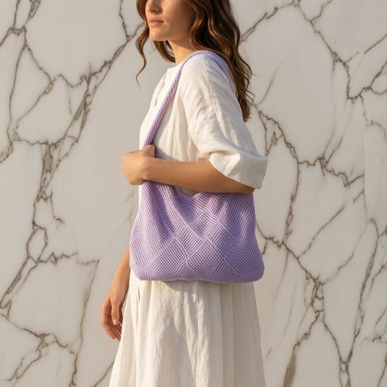 Women Crochet Shoulder Bag Lightweight Solid Color Mesh Handbag Fashionable Beach Bag Daily Commuting