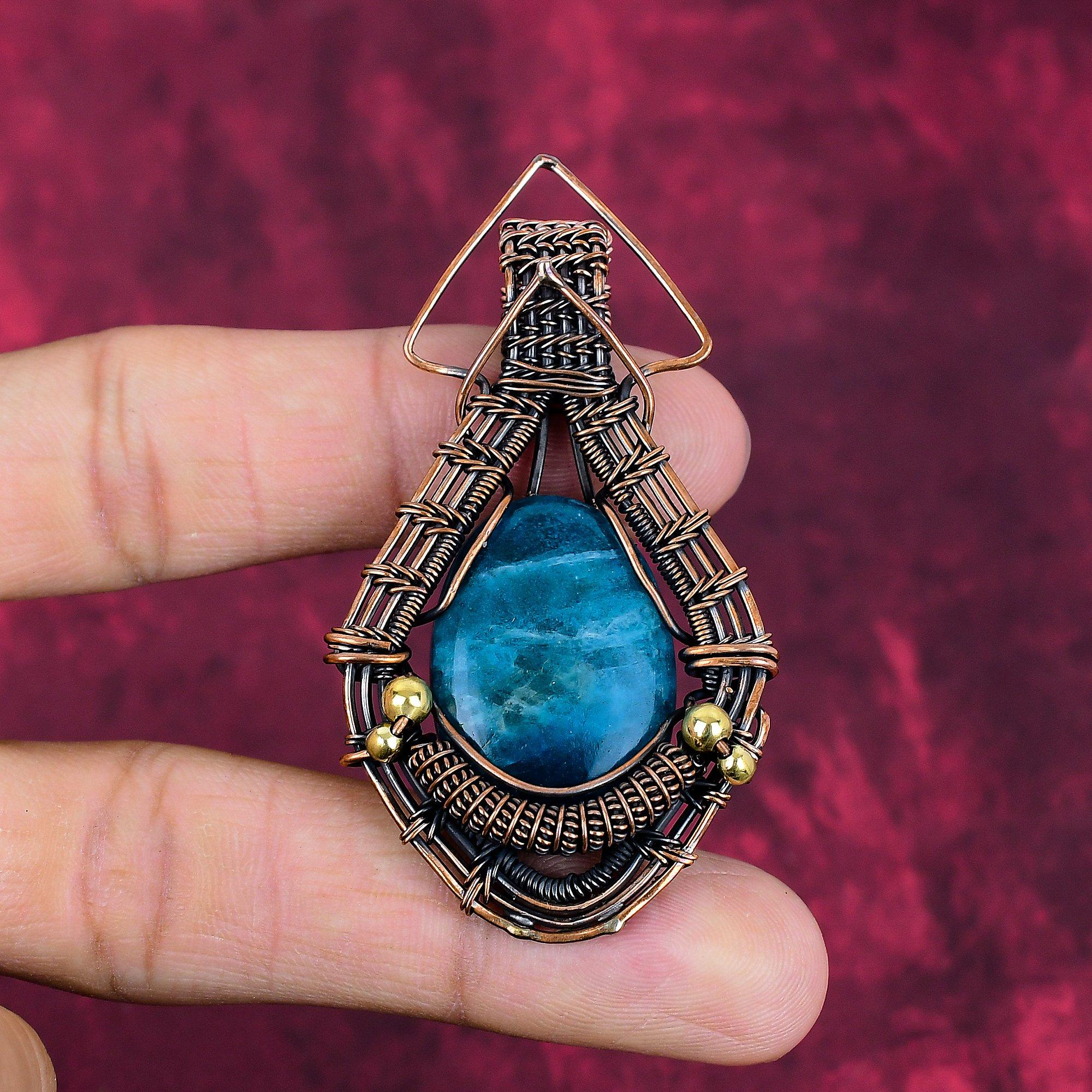 Neon Apatite Gemstone Pendant Handmade Pendant Copper Wire Wrapped Unique Jewelry
