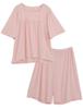 SUIMIN CARE Women's Rib Knit Pajamas, Short Sleeves, and Shorts, Summer, Pink and Green, Sizes S, M, L, and LL (LL, Pink)