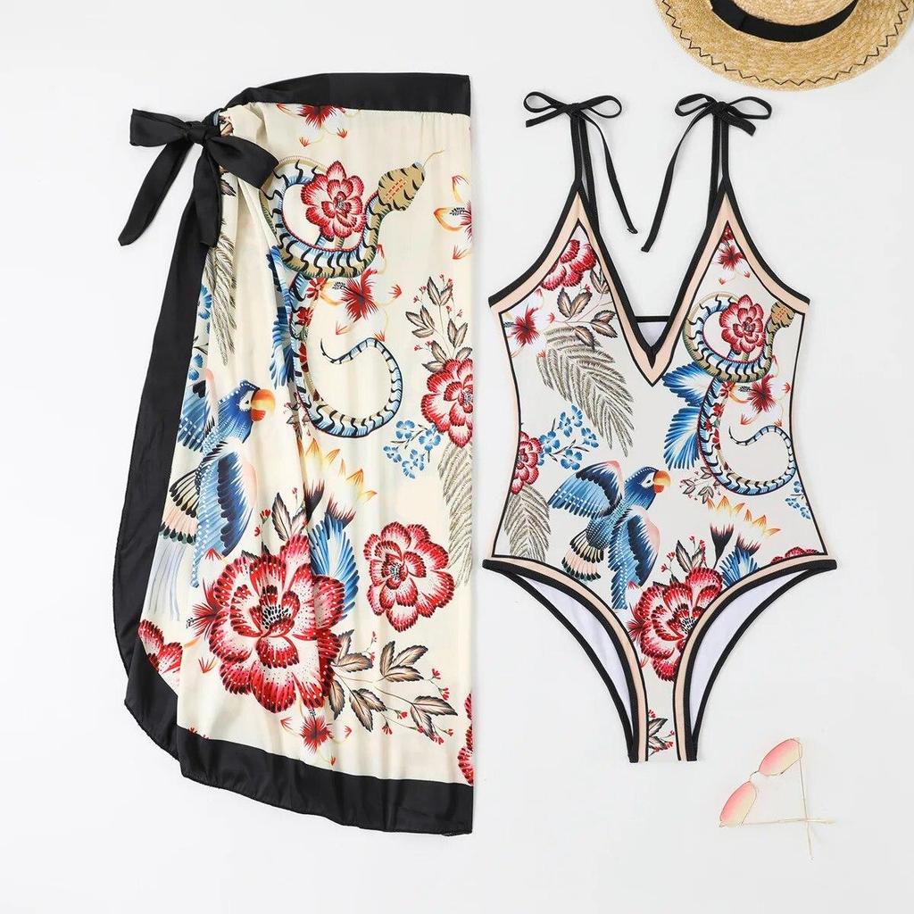 V-neck Tie Up 1 Piece Swimsuit for Women Fashion Printed Bikini Swimwear High Waisted Bath Suits with Cover Up Beach Skirt