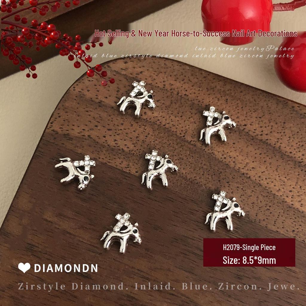 2026 New Year Little Horse Nail Art Decorations - Gold, Silver, and Red Rhinestone Press-on Nail Accessories