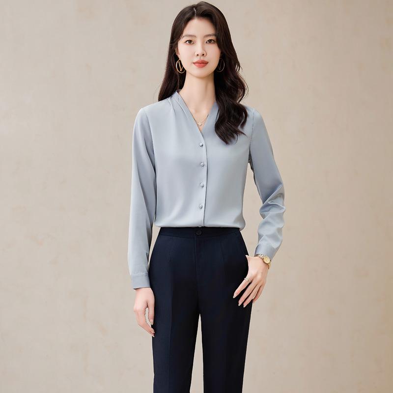 Women's White V-Neck Chiffon Shirt: Formal Spring/Autumn Wear for Interviews and Office.