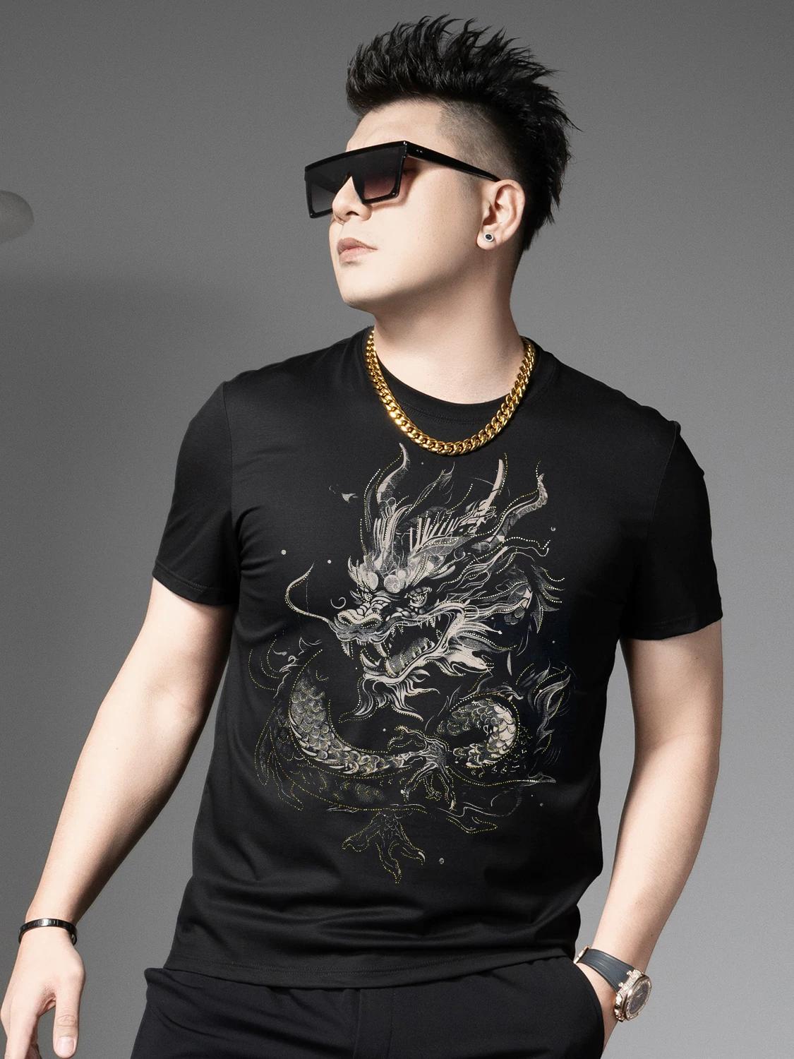 2025 Summer New Men s Dragon Totem Rhinestone Printed Short-Sleeved T-Shirt Trendy Casual Top Half-Sleeved T-Shirt for Men 2XL
