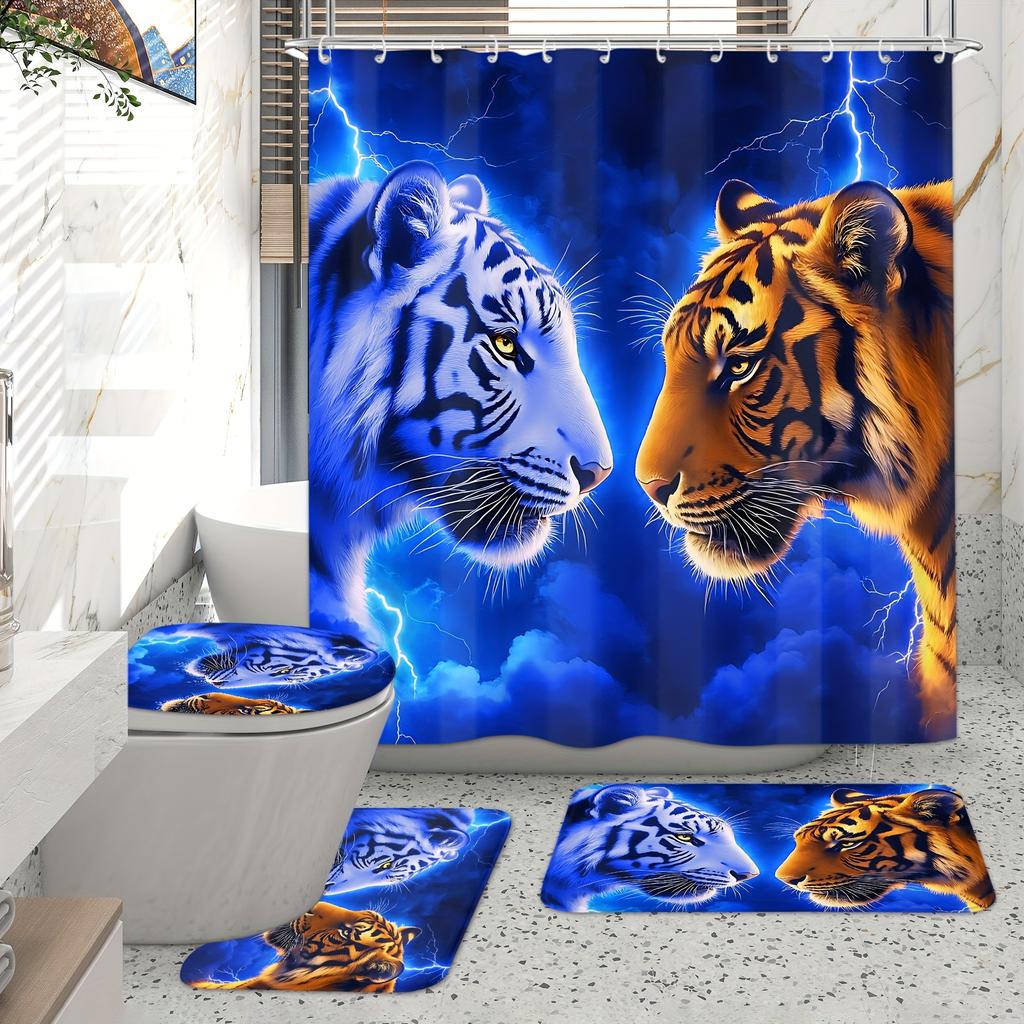 4Pcs Multicolor Background Shower Curtain Set with Non-Slip Bath Mat, Toilet Lid Cover, Contour Rug & 12 Hooks, Bathroom Decor