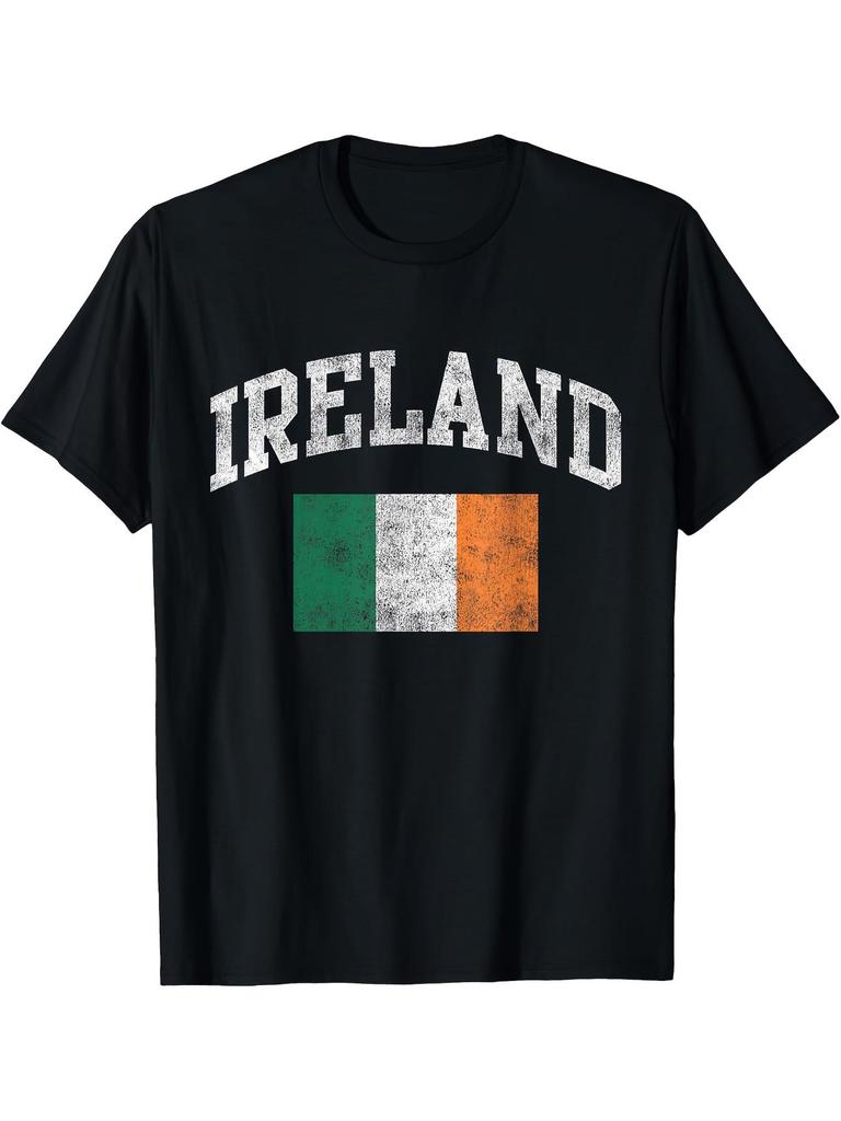 Ireland Flag Distressed Graphic Tee Men Vintage Cotton Short Sleeve Casual T-Shirt Daily