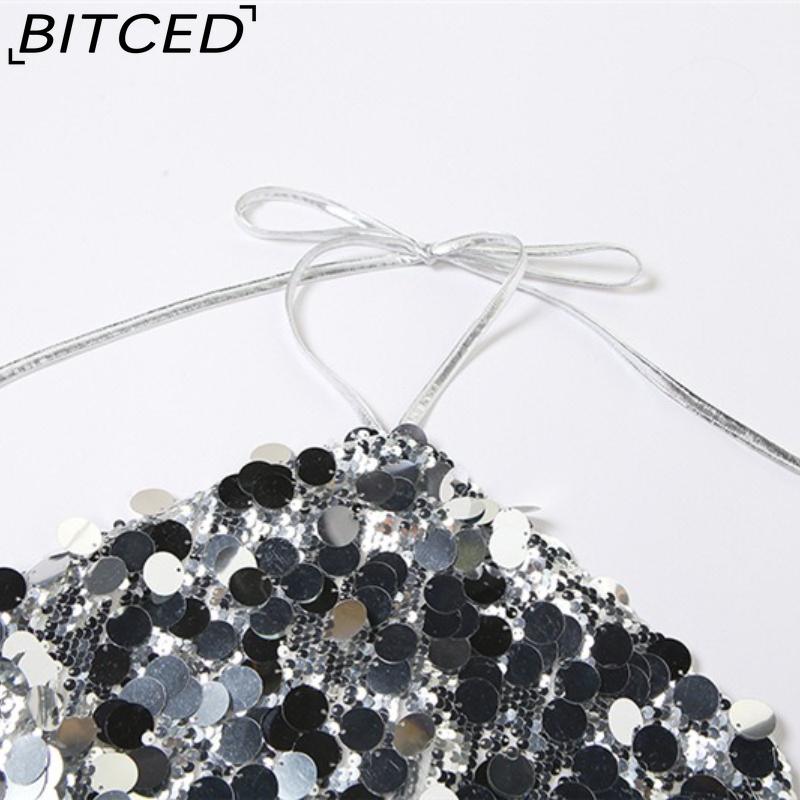 BITCED Summer Women's Fashion Sexy Halterneck Backless Sequinned Crop Top