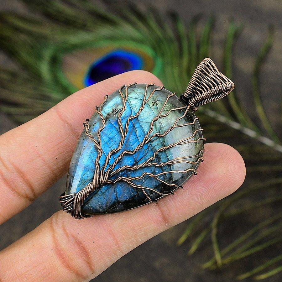 Natural Labradorite Gemstone Handmade Copper Wire Wrap Pendant 2.60" G0T96