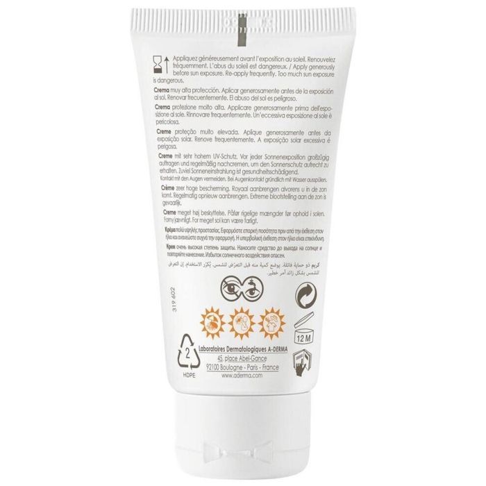 Crème Solaire - Aderma - Protect Crème Très Haute Protection - SPF50+ - 40ml - Résistante à l'eau