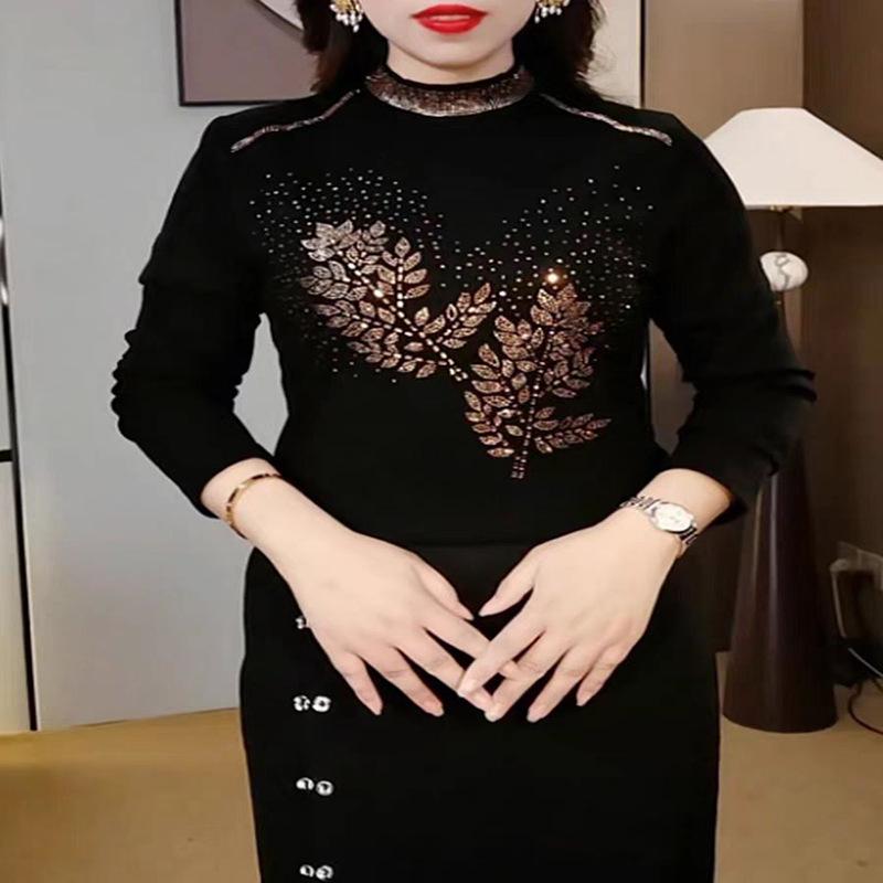 

Autumn/Winter Rhinestone Butterfly Long-Sleeve Top with Half-High Collar for Middle-Aged and Elderly Mothers XL