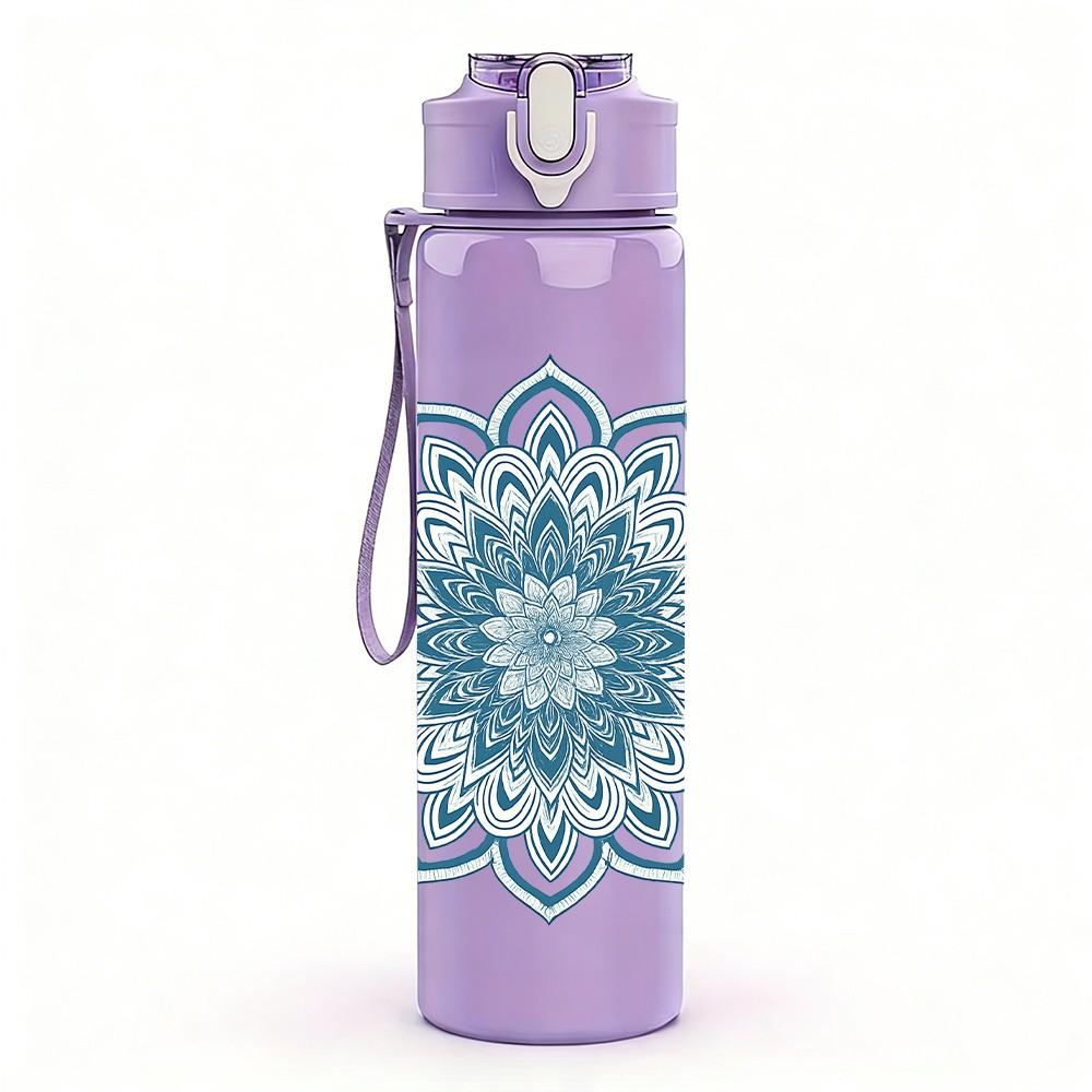 1PC Blue Mandala Pattern 750ml Color Plastic Sports Water Bottle Leakproof Flip Straw Lid Suitable for Sports Office Home Use