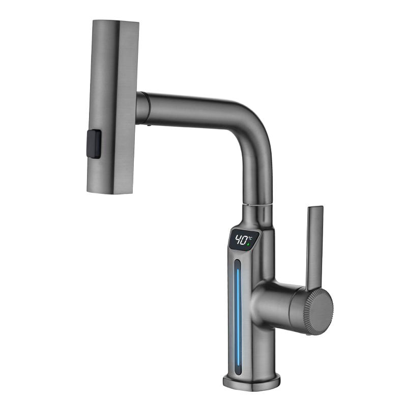 LED Gray Kitchen Faucets Pull Out Rotation Waterfall Stream Sprayer Head Hot -Cold Water Faucet Wash Basin Rotation Water Tap