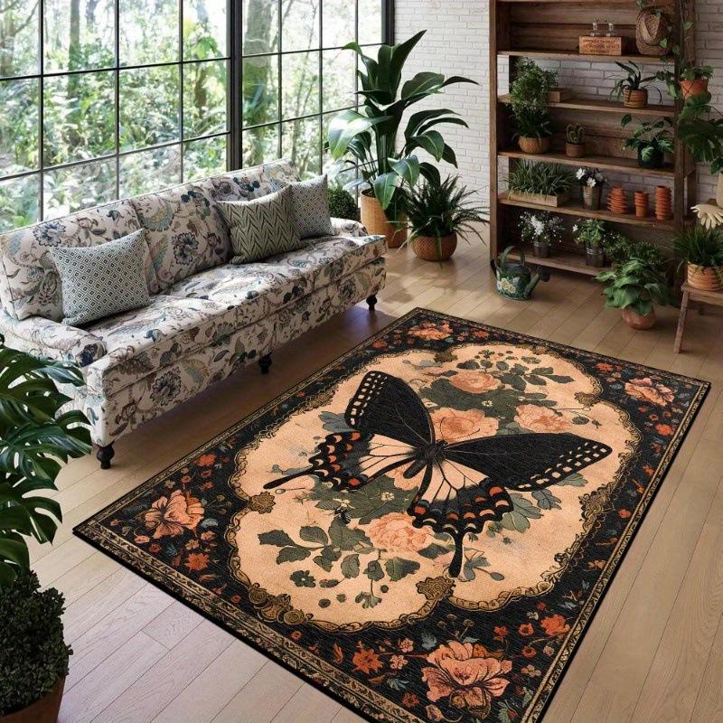Vintage Ethnic Style Carpet Butterfly Insect Flower Pattern Rug Winter Living Room Bedroom Warm Non Slip Mat Home Decoration