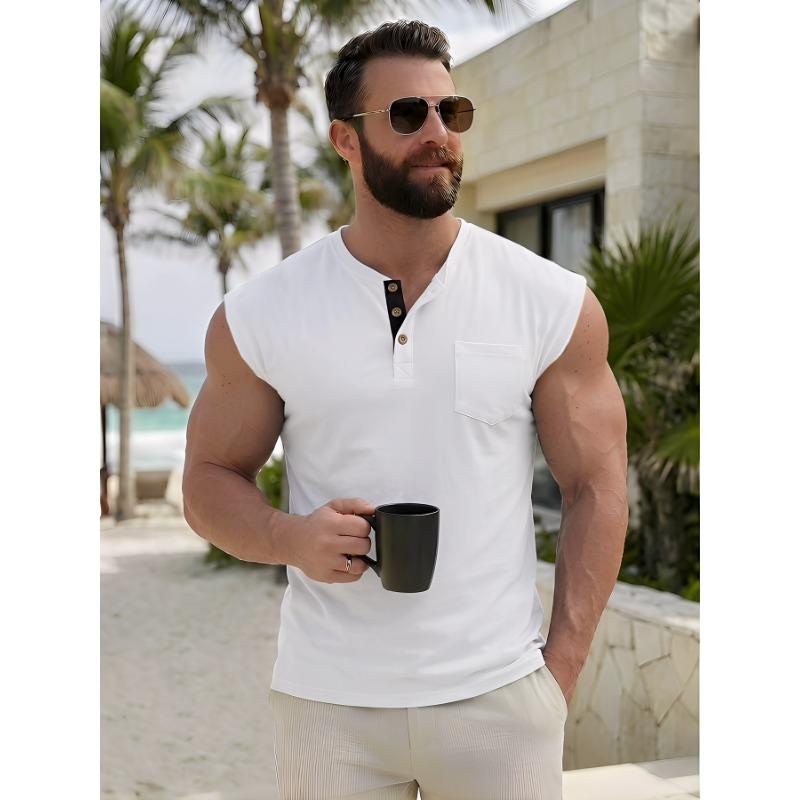 

Mens Casual Henley Neck Sleeveless Tank Top With Pocket S білий