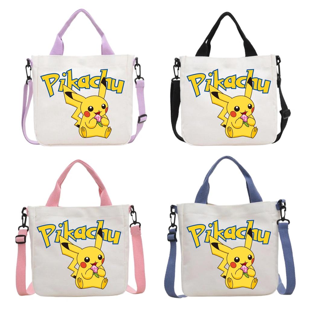 Pokemon Canvas Crossbody Bag Pikachu Cartoon Pattern Print Handbag Fashion Portable Large Capacity Travel Shopping Storage Kid Friendly Entertaining