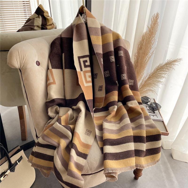 

Autumn and winter colored striped imitation cashmere scarf women s student couple versatile thickened warm double-sided scarf 180x65cm
