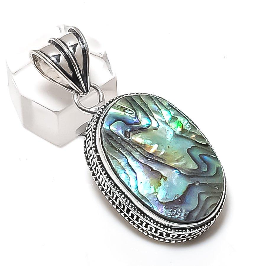 Abalone Shell Gemstone Handmade 925 Sterling Silver Jewelry Pendant 1.89" f5T18