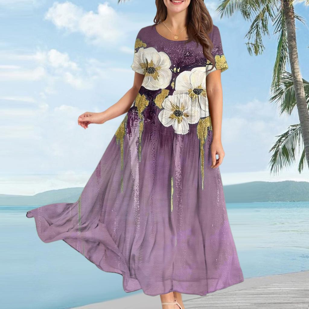 Women's Casual Loose Bohemian Floral Print Short Sleeve Dress