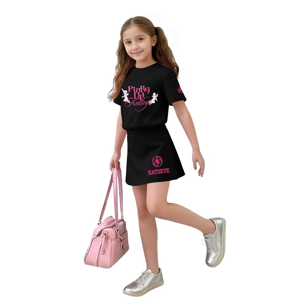 Girls Casual Two Piece Set Loose Fit Short Sleeve Crew Neck Top with Printed Design and Matching Skirt Comfortable Summer Outfit