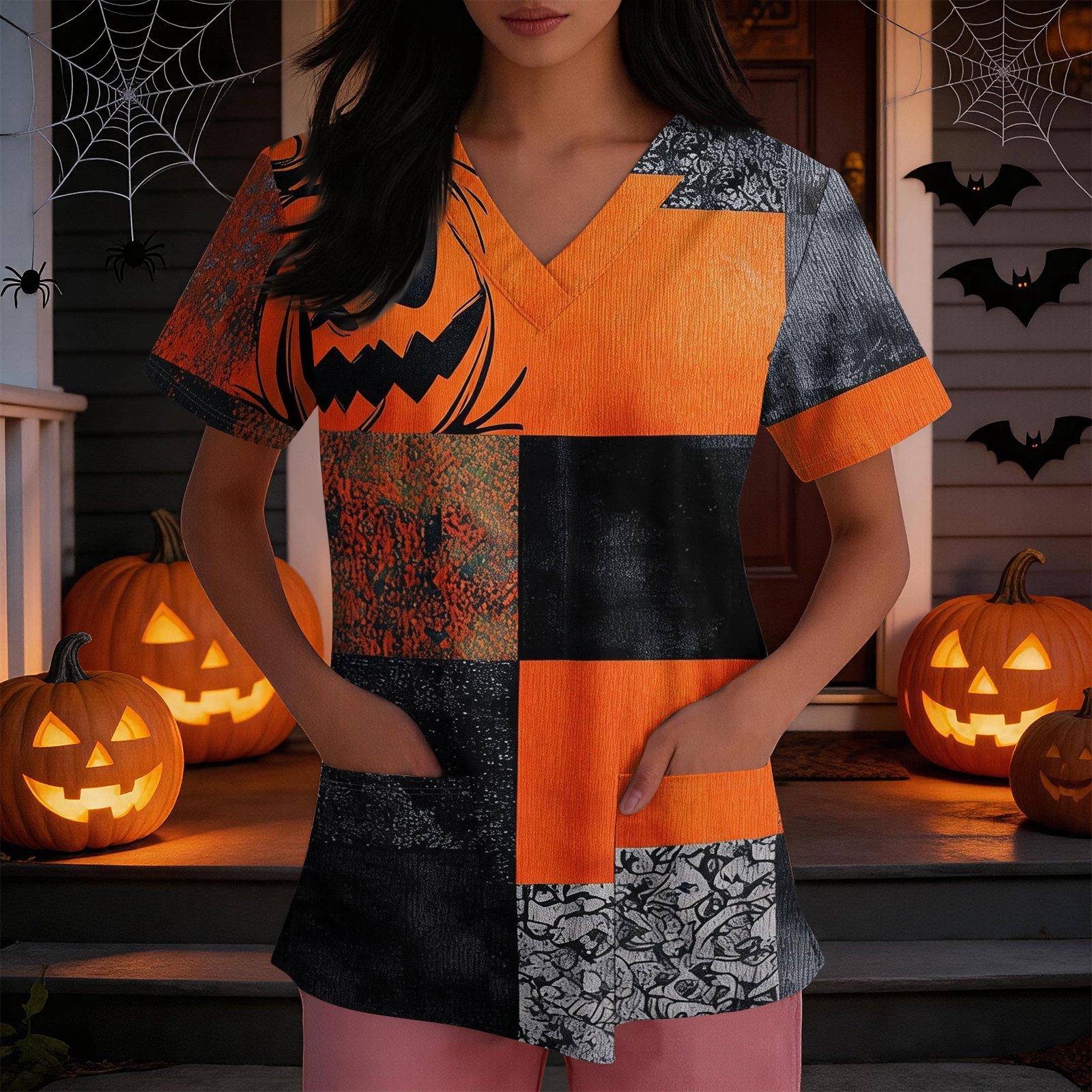 Women s Loose Fit Costume V-Neck Short Sleeve Side Slit Top with Halloween Print M