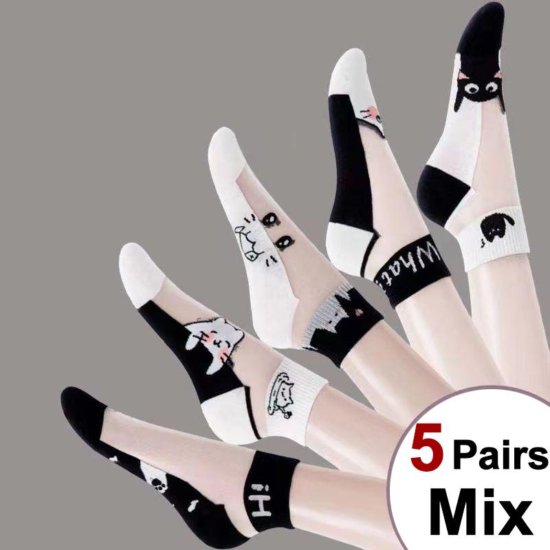 

5/10 пар женских прозрачных носков с рисунком кошки, модные повседневные носки с мультяшным принтом на весну и лето, впитывающие пот и дышащие One Size