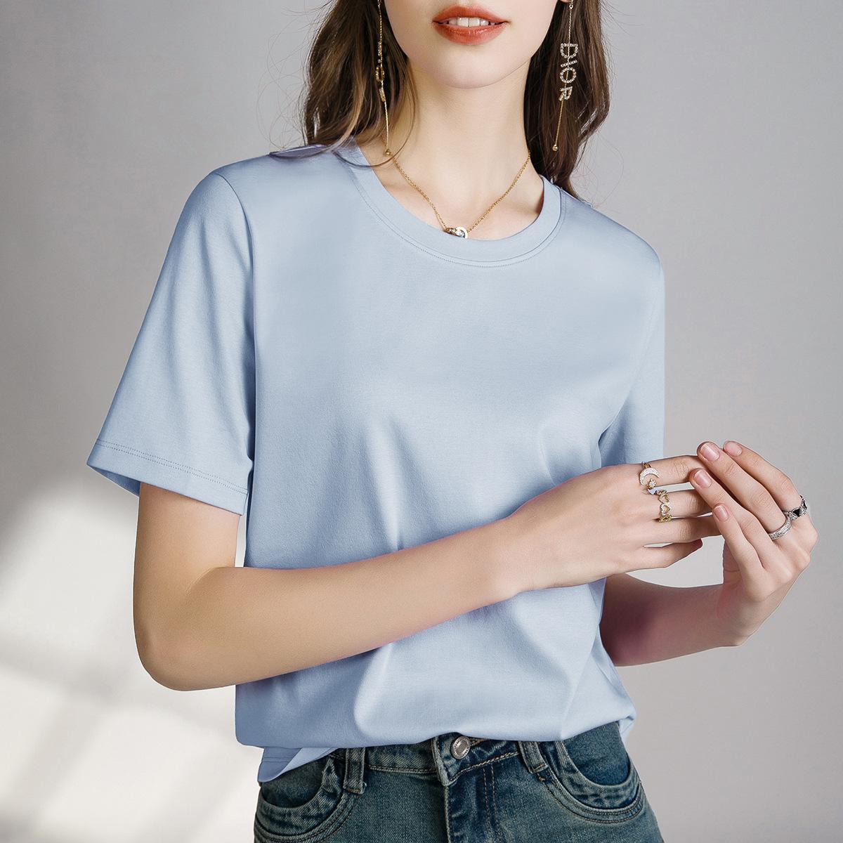 

Liquid Ammonia Silk Cotton White Short Sleeved Shoulder T-shirt for Women s Spring/summer V-round Neck Basic Top 4XL
