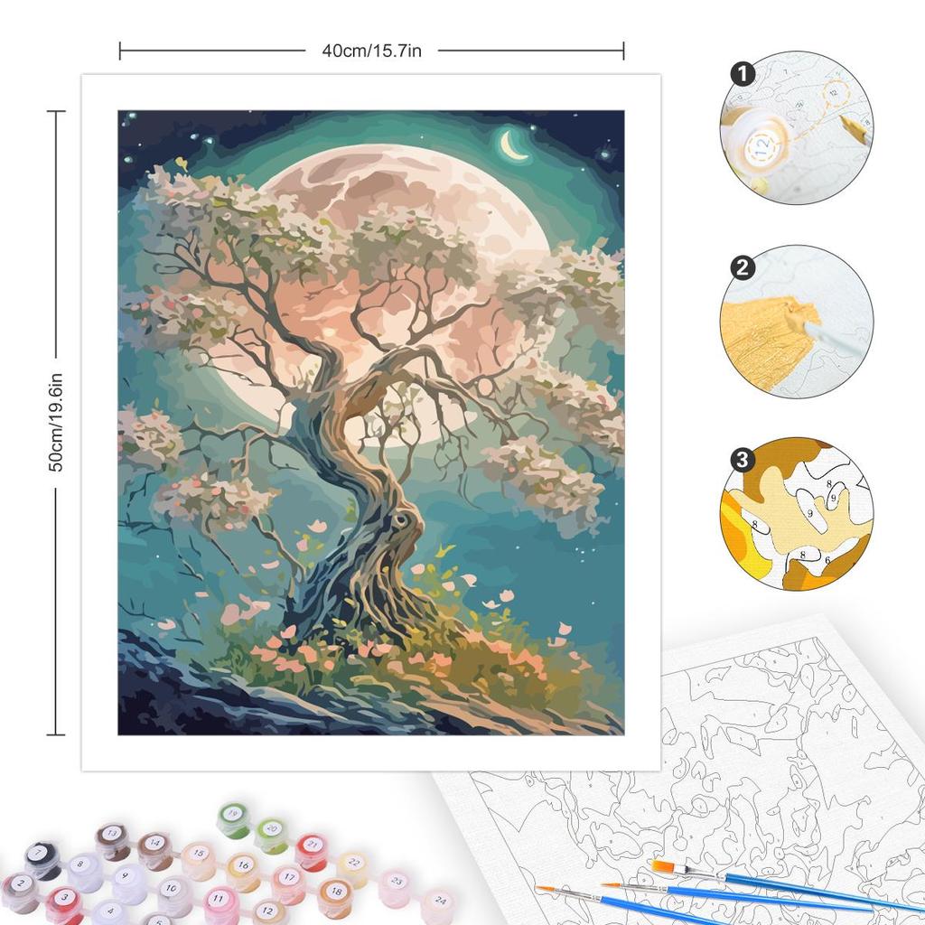 RUOPOTY Frame Paint By Numbers Tree And Moon Landscape Diy Acrylic Drawing On Canvas Paint By Numbers Kits For Wall Decor