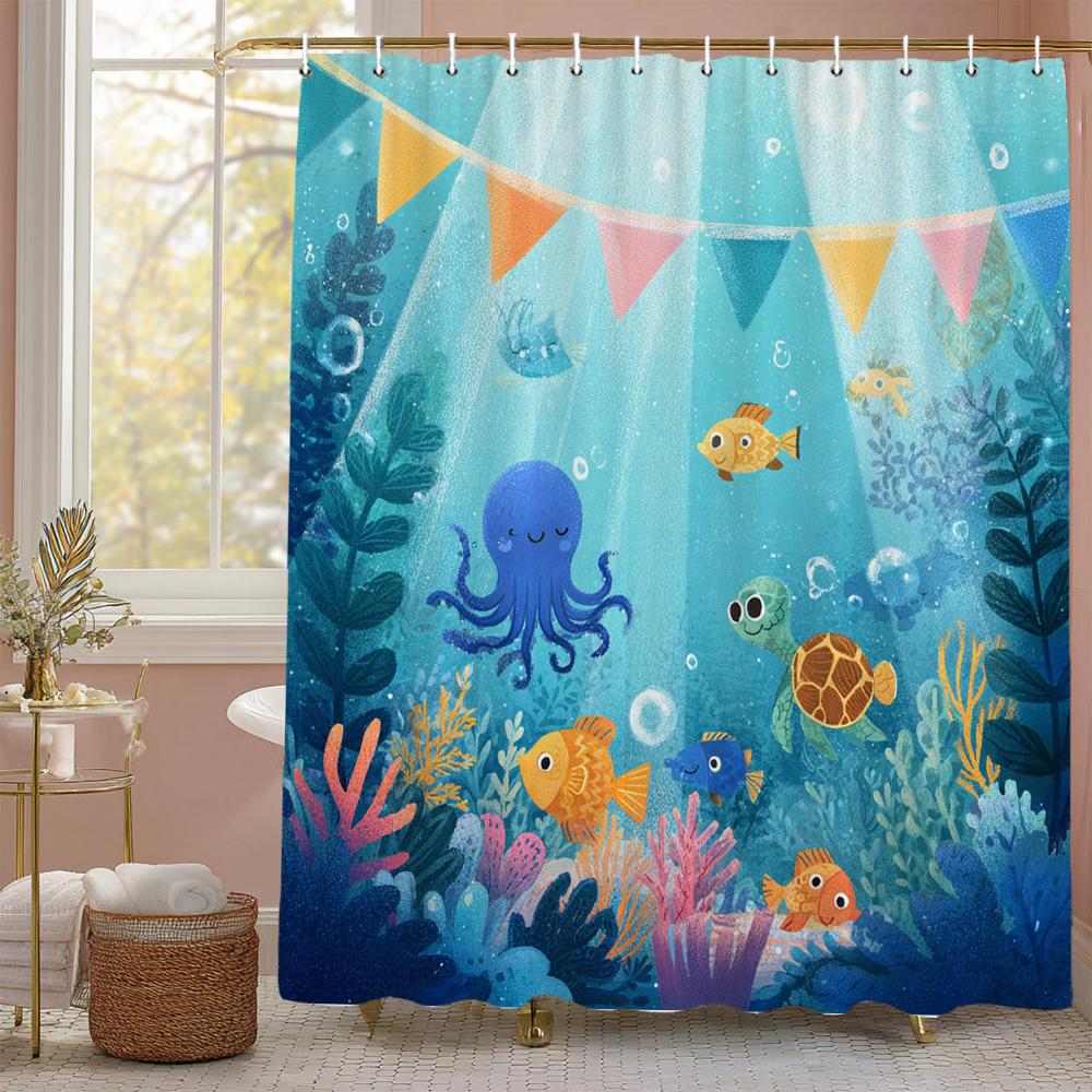 Underwater World Ocean Dolphin Sea Turtle Shower Curtain, Bathroom Decorative Shower Curtain, printing Shower Curtain with Hooks