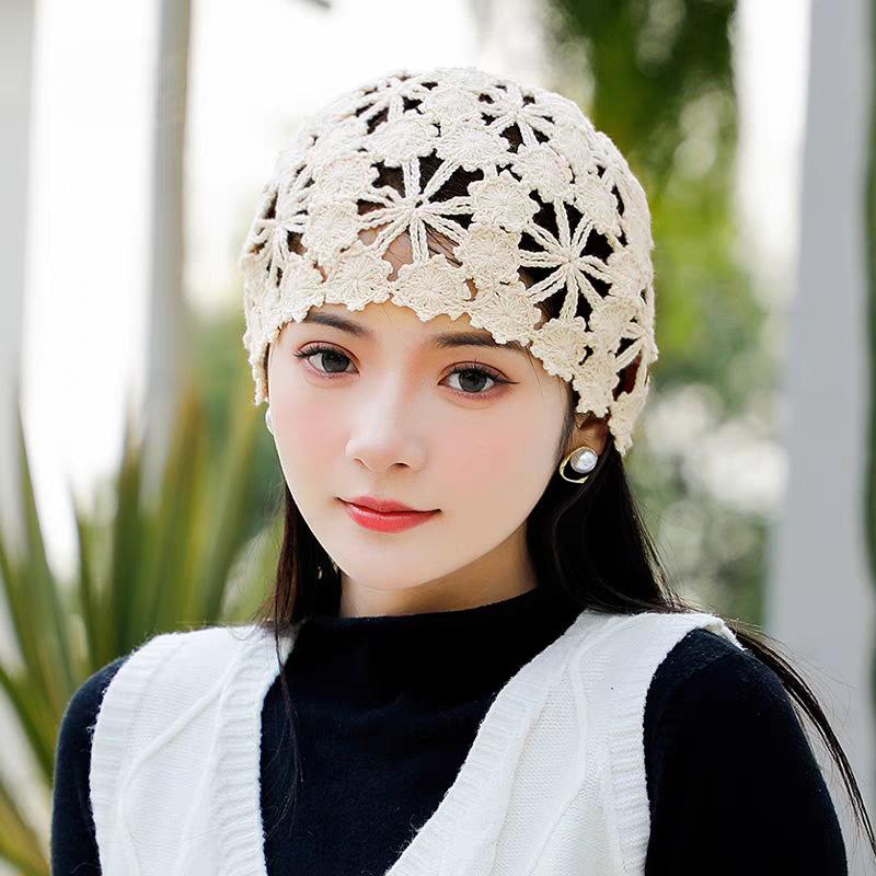 Hand-woven flower hollow thin hat spring and summer lace breathable sleeve knitted crochet bag head hat women's fashion