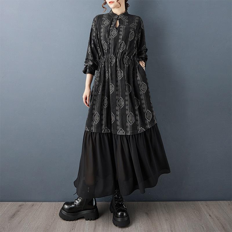 Long sleeve plus size black vintage floral new in dresses for women spring autumn casual loose dress