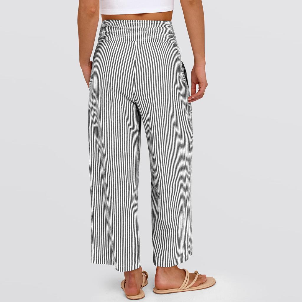 Women's Fashionable Loose Pleated Elastic Waistband Pocket Striped Casual Cropped /10 Pants