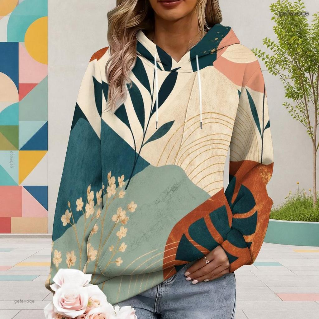Women Plus Size Abstract Printed Long Sleeve Drawstring Hoodie Kangaroo Pocket Pullover