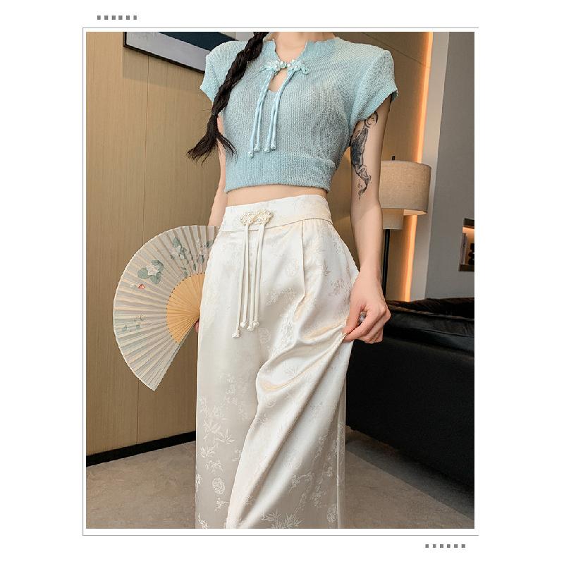 Chinese-style Faux Satin Jacquard Wide-leg Pants for Women, 2026 New Design, Niche High-waisted Slimming Casual Floor-length Trousers