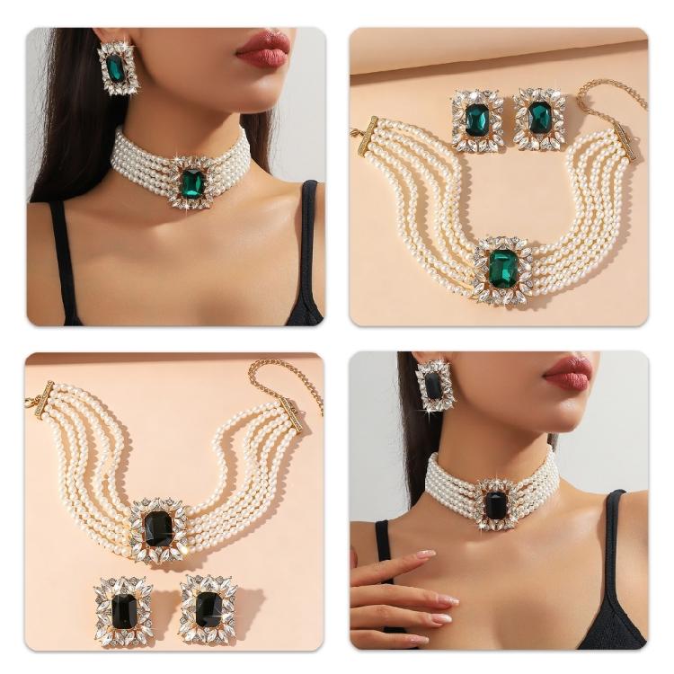 Chic Geometric Design Colorful Crystal Accented Layering Pearls Necklace And Earrings Jewelry Set for Gatherings