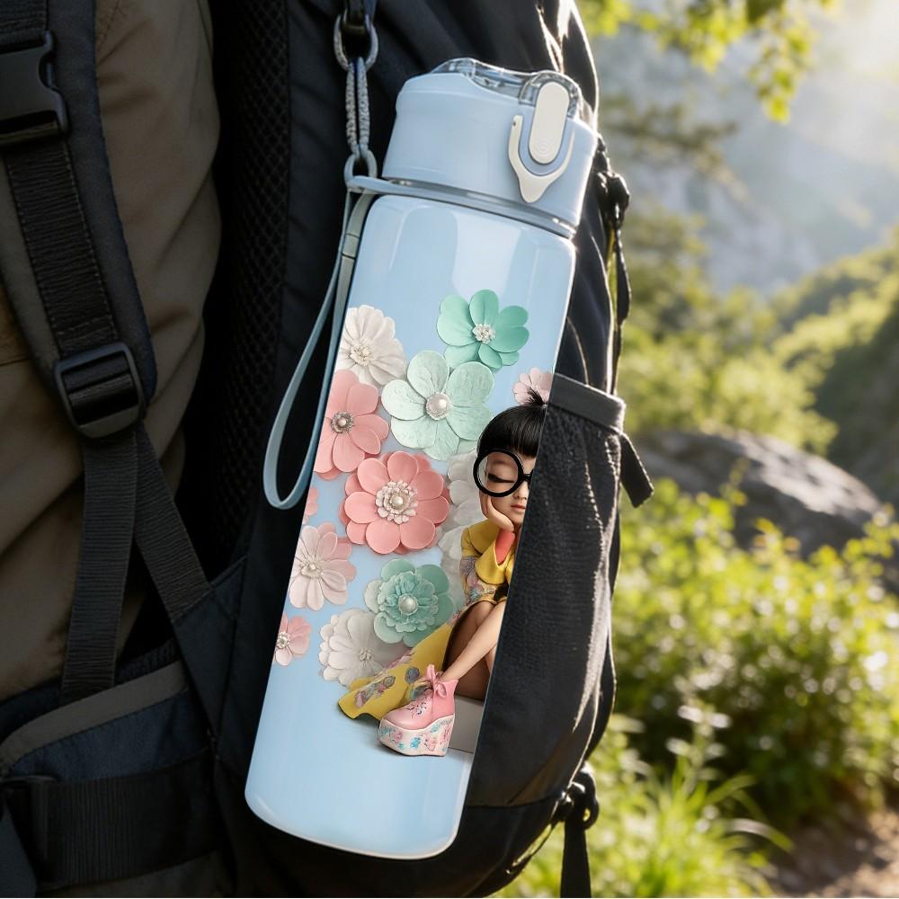 1PC Little Girl Prayer Floral Surround Print 750ml Color Plastic Sports Water Bottle Leakproof Flip Straw Lid Suitable for Sports Office Home Use