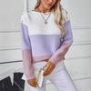 Women Color Block Off Shoulder Button Loose Knit Pullover Sweater