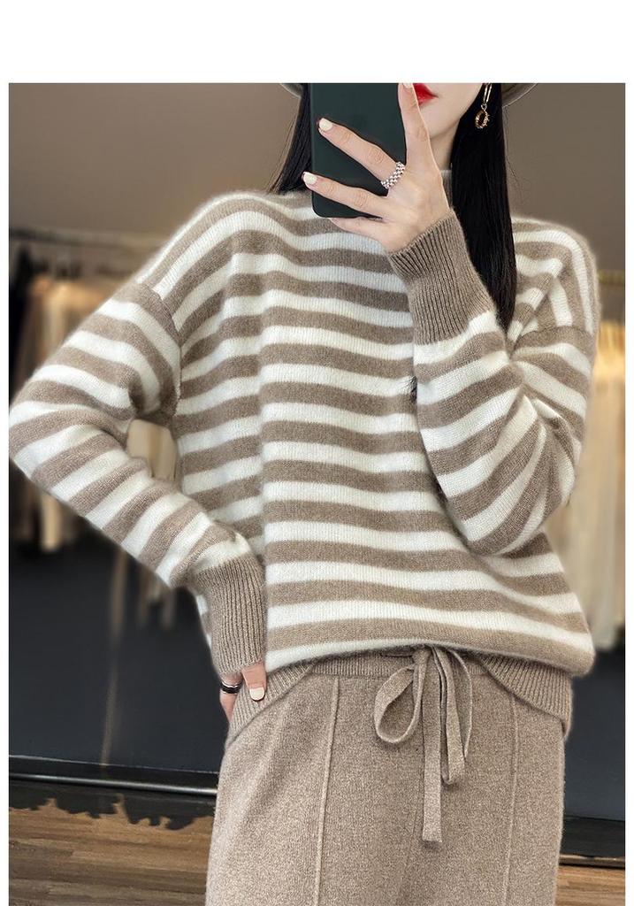 Korean Style Women's Striped Color-Block High Neck Knit Pullover Sweater
