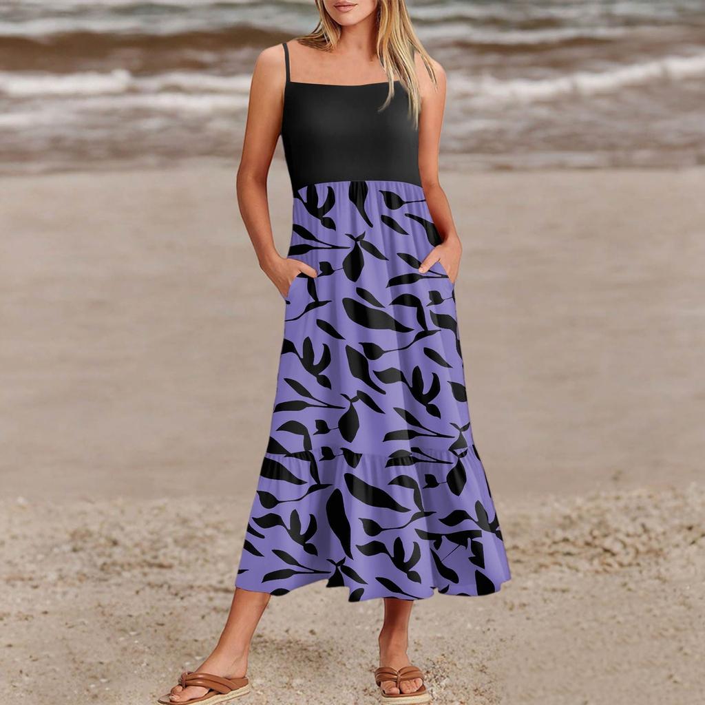 Women's Summer Spaghetti Strap Patchwork Beach Vacation Floral With Pocket Dresses