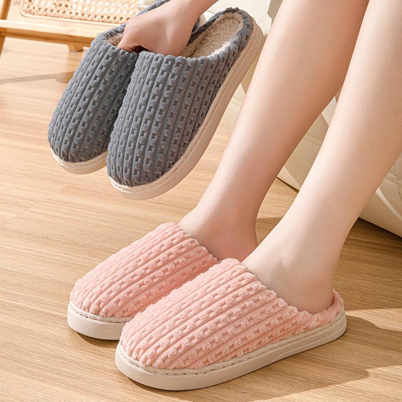 Plaid Cotton Slippers Men's Winter New Velvet Warm Inner Cotton Drag Couple Cotton Shoes Non-slip Silent Wool Slippers