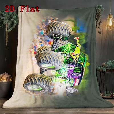 Green Monster Truck 2D Flat Pattern Flannel Blanket High Quality All Seasons Warmth and Comfort Perfect for Christmas Gifts.MMT0918416