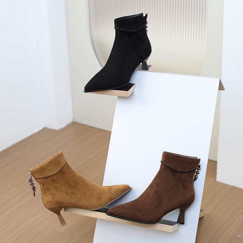 French pointed suede stiletto short boots women's 2025 autumn new single boots elastic fashion thin boots medium heel Martin boots
