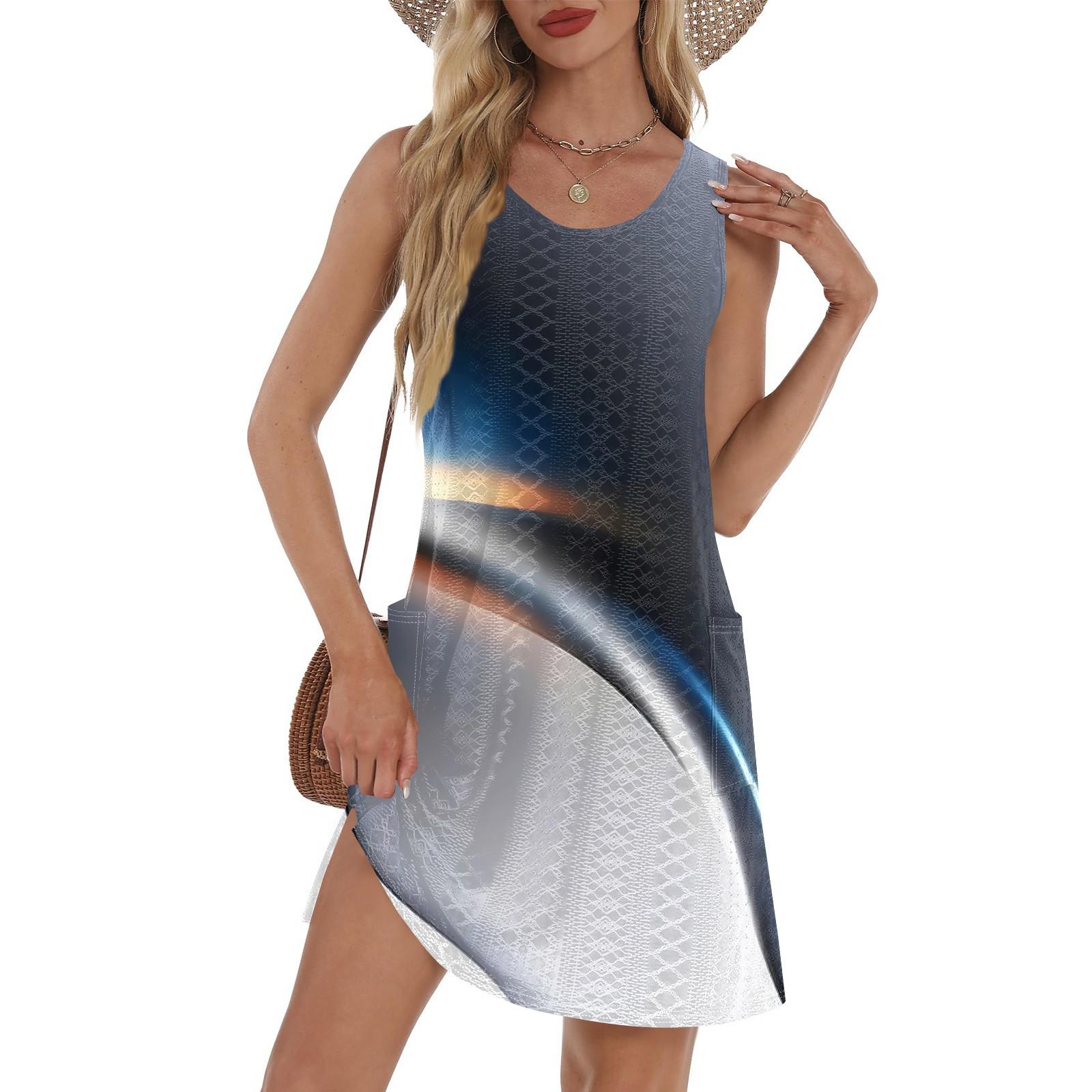 

Женский повседневный сарафан с карманами, летнее пляжное платье в стиле бохо, футболки, платье с V-образным вырезом, свободные платья-майки M