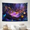 Arazzo Libro Aperto Fantasy, Stampa HD con Castello Magico, Farfalle e Fiori in Foresta Viola Scuro, Decorazione da Parete per Camera da Letto