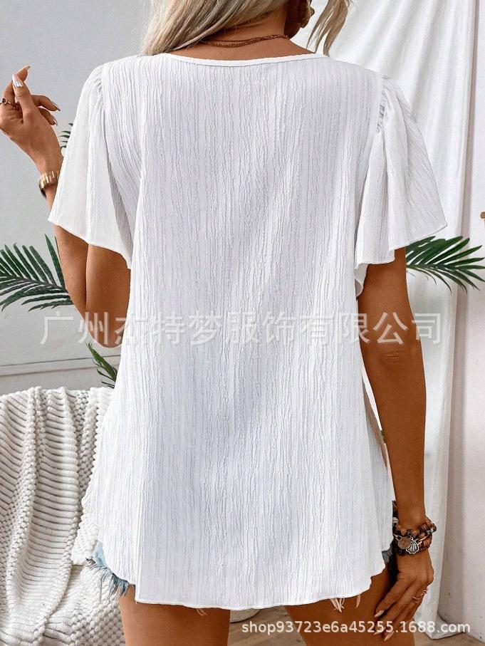 Women Spring Summer Square Neck Crochet Flower Lacework Short Sleeve Pullover Shirt