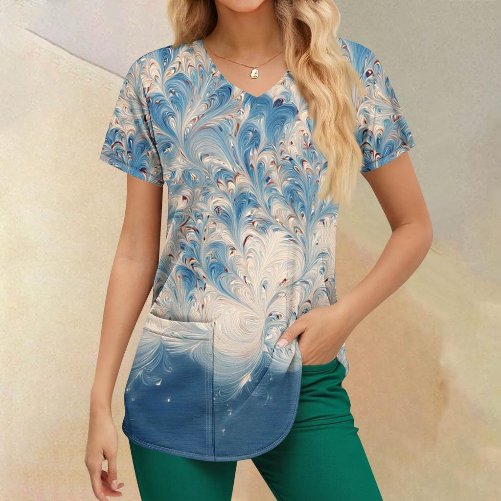 Pracovní uniforma s potiskem nadměrných velikostí pro ženy Potisk s výstřihem do V Krátký rukáv Zábavná trička Pracovní oblečení Tričko s kapsami