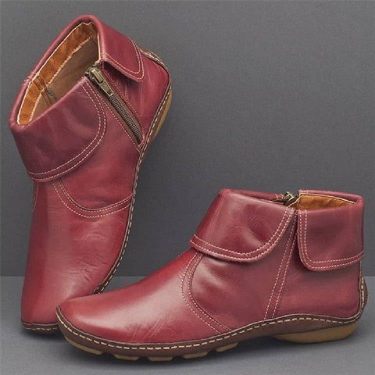 

Round Head Casual Leather Boots Large Size Solid Color Side Zipper Martin Boots 35 красный