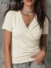 Summer New Women's T-Shirt Casual Short Sleeve Ruched V-Neck Top for Women