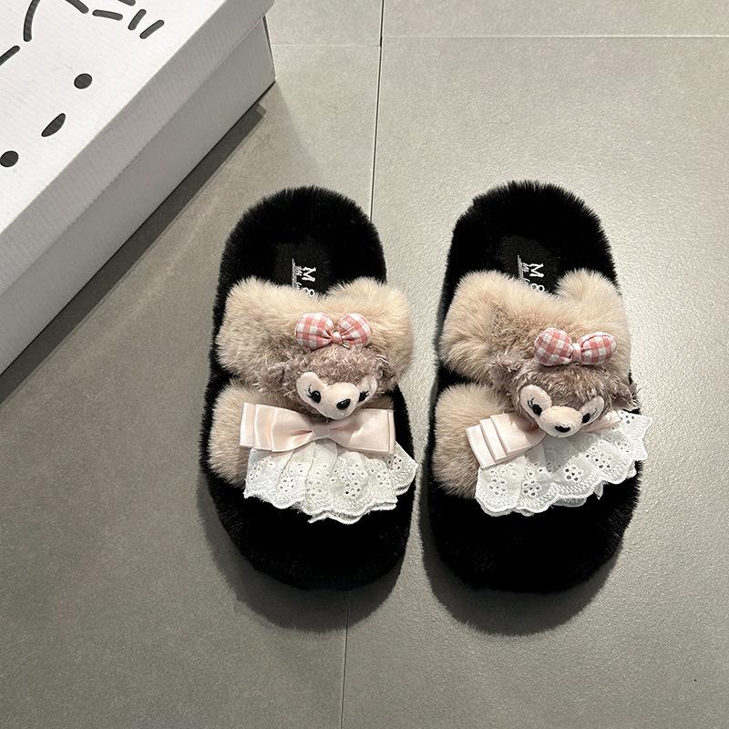 Autumn Cute Cartoon Bear Fluffy Slippers Women's Outer Wear Casual Thick Sole Heightening Plush Flat Bottom One-word Tow Shoes Tide