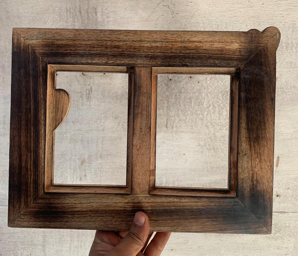 Rustic Wooden Double Photo Frame Carved Hearts | Romantic Wall Decor