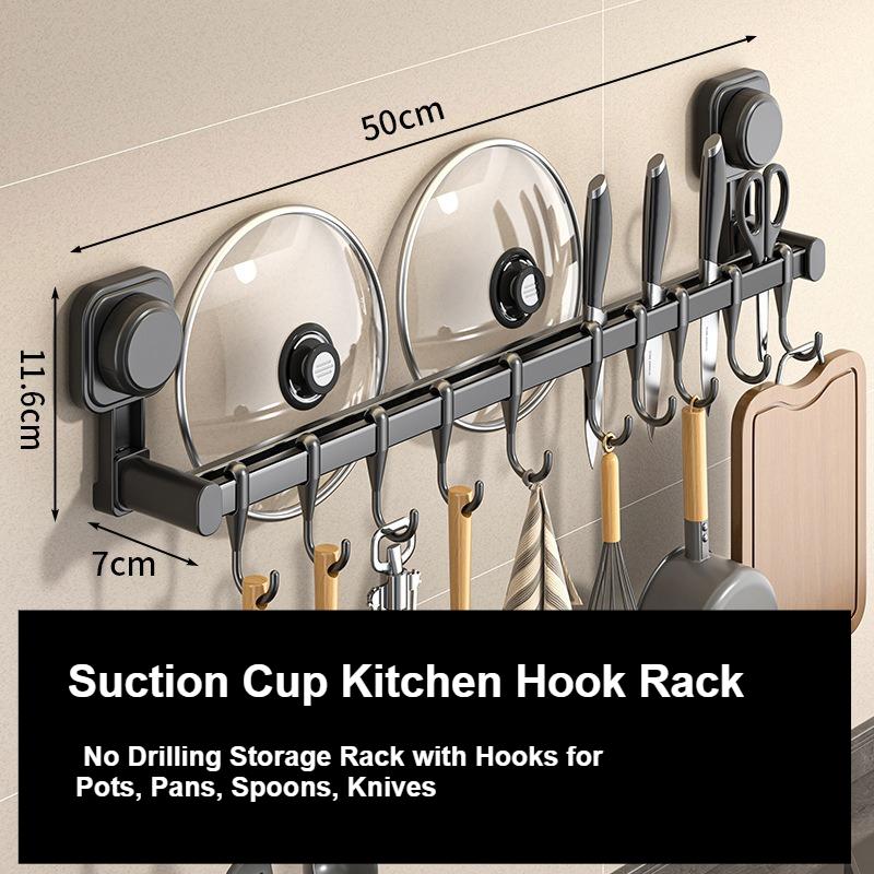 Suction Cup Kitchen Hook Rack No Drilling Storage Rack with Hooks for Pots, Pans, Spoons, Knives Wall-mounted Storage for Items